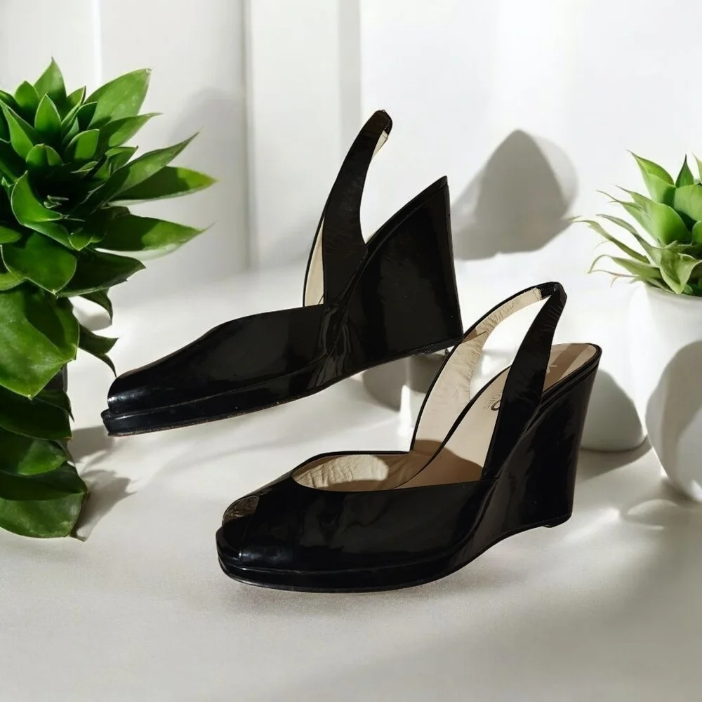 Kors Michael Kors Black Patent Leather Slingback Wedges, Peep Toe, Size 10M